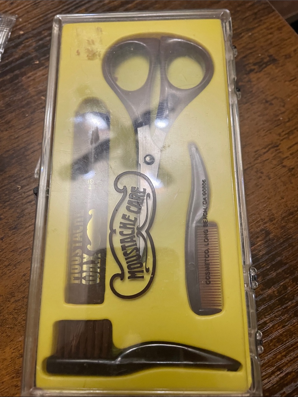 vintage 1970s Cosmetco Moustache Care Kit (originating from Long Beach, CA).